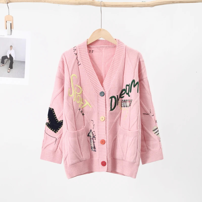 Embroidery Knitted Cardigan Womens Sweater Warm Long Sleeve Letter Print Pocket Jumpers Autumn Winter Loose Sweaters 240713