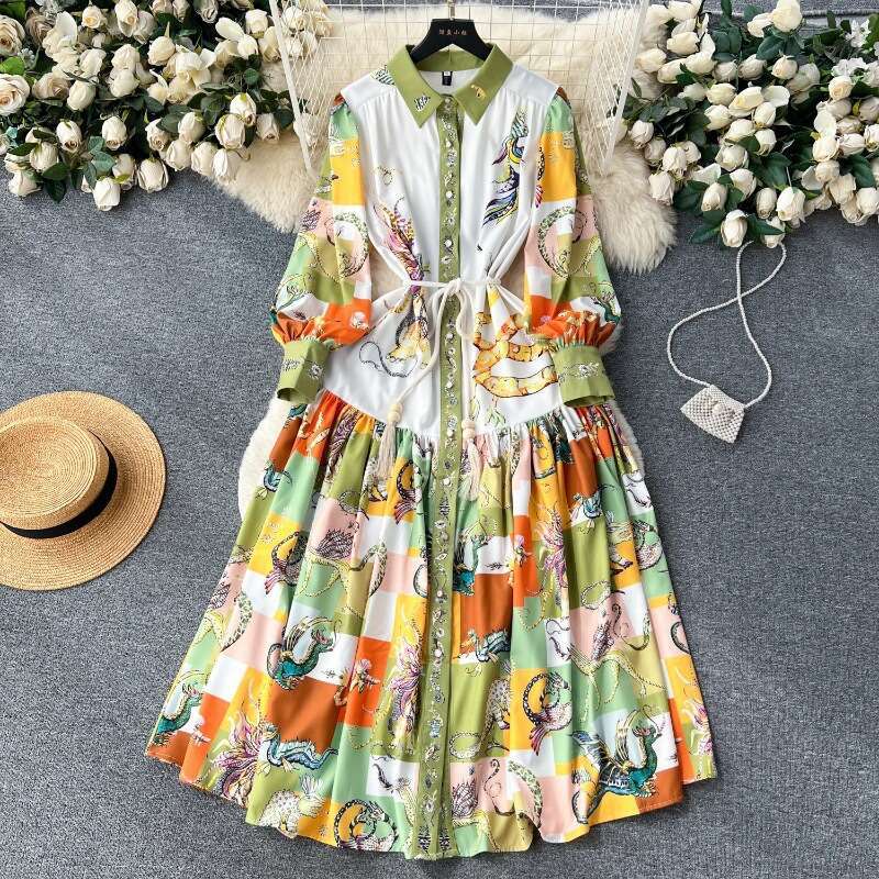New French Style Lapel Lantern Sleeve Printed Dress Women with Tie Up Waist for Slimming and Elegant Dressing Long Summer Dress Short Bifurcated SKINN