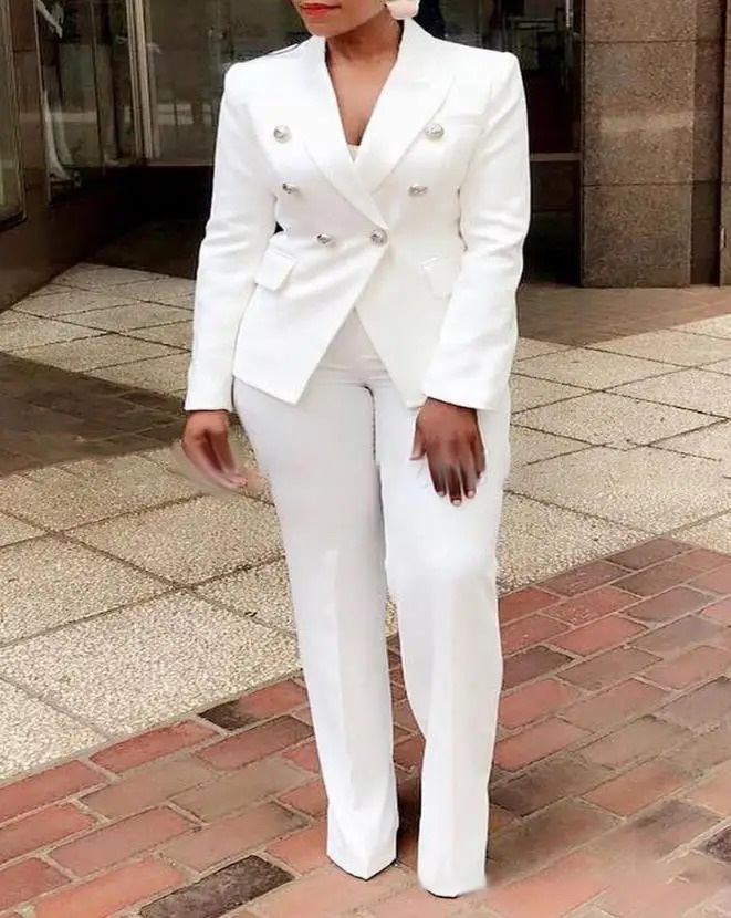 Office Ladies Two Piece Sets Womens Outifits Spring Fashion Long Sleeve Double Breasted Blazer Plain Elegant Pants Set 240712