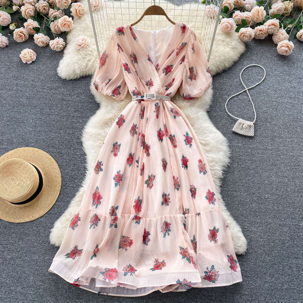 2022 Summer Literary and Ethnic Style Elegance Fragmented Flower Chiffon Dress Womens Waistband Slim A-line Long Skirt Bifurcated Waist Short Sexy Den