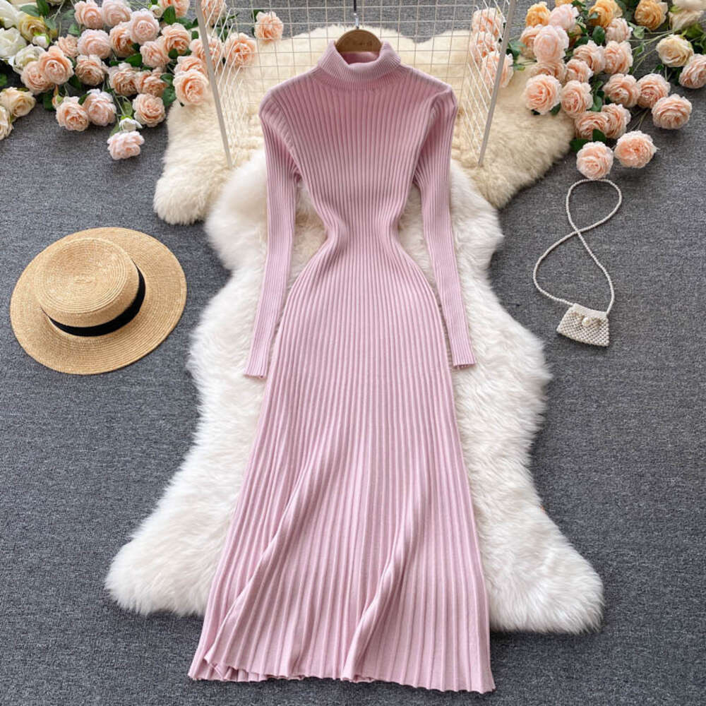 Autumn 2022 New Goddess Temperament High Neck Slim Fit Medium Long Style with Inner Bottom Skirt Knitted Dress Chiffon Floral Dress Short Sexy Silk Dr