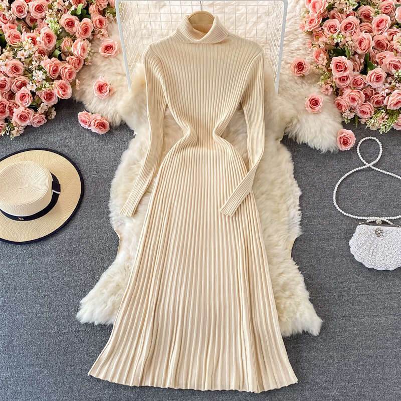 Underlay Coat with Pleated Long Fit and Slim Fit, Half High Collar, Knee Length Sweater Skirt, Knitted Dress Short Self-cultivation BOHO DRESS