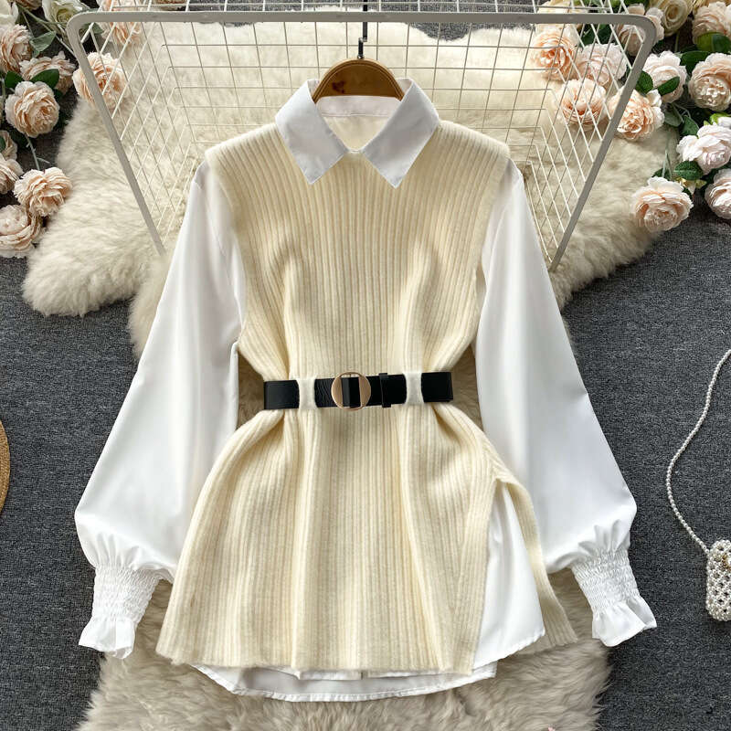 Light Luxury Celebrity Womens Loose Long Sleeve White Shirt Top+split Knitted Tank Top Vest Two Piece Set 0.4kg Novelty Short Round Neck Dress