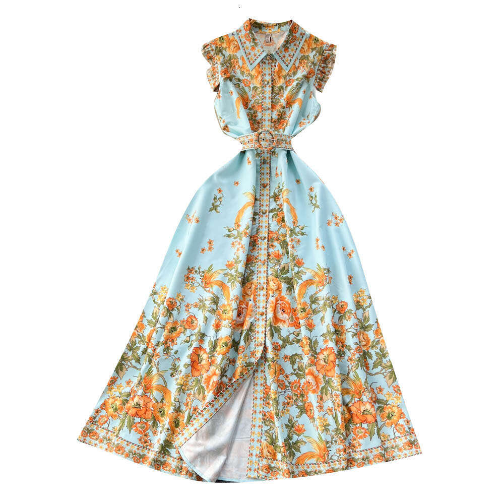 Summer New Short Sleeved Chiffon Printed Womens Fit, Slim Waist, Elegant Goddess Style Vacation Dress Self-cultivation Loose Temperament Denim Dress B