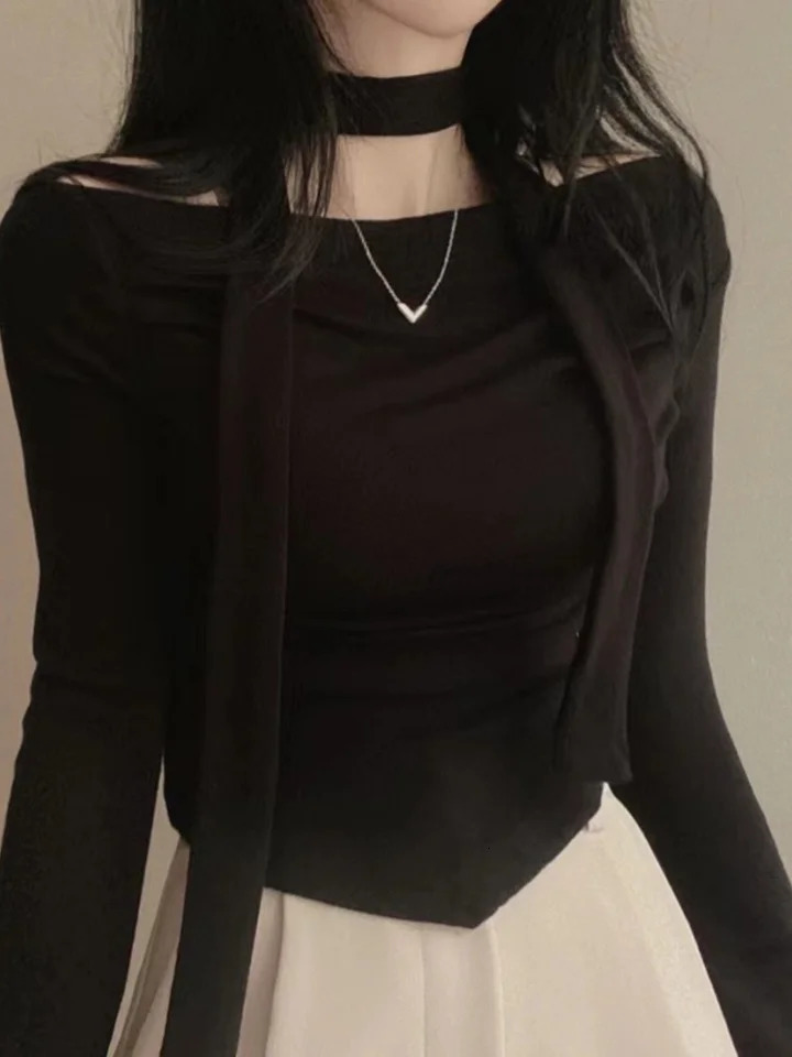 Y2K Crop T-Shirts Women sweet Chic Long Sleeve Top Female Vintage Fashion Off Shoulder Tee Lady Spring Casual Lace-Up T Shirt 240716