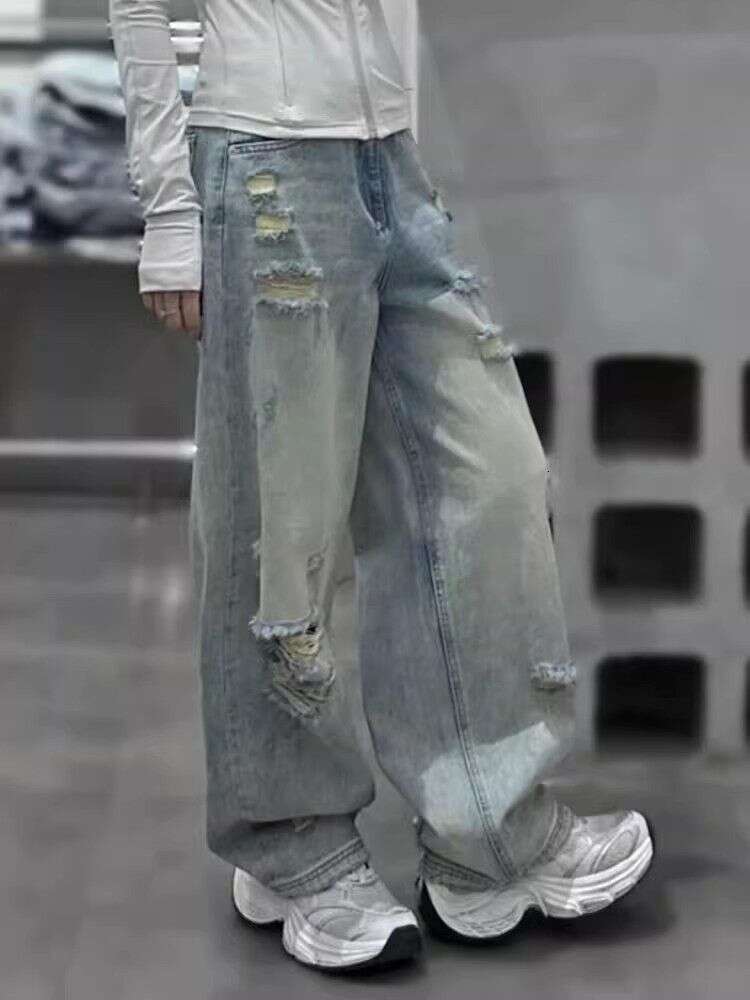 Straight American washed ripped wide leg jeans for women 2024 summer new casual floor pants loose fit