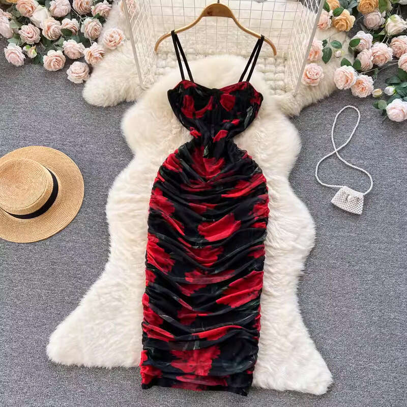 Summer Vacation Style Korean Chic Mesh Chiffon Printed Waistband French Long Dress Short Bifurcated Loose Novelty Self-cultivation SKINNY DRESS Oversi
