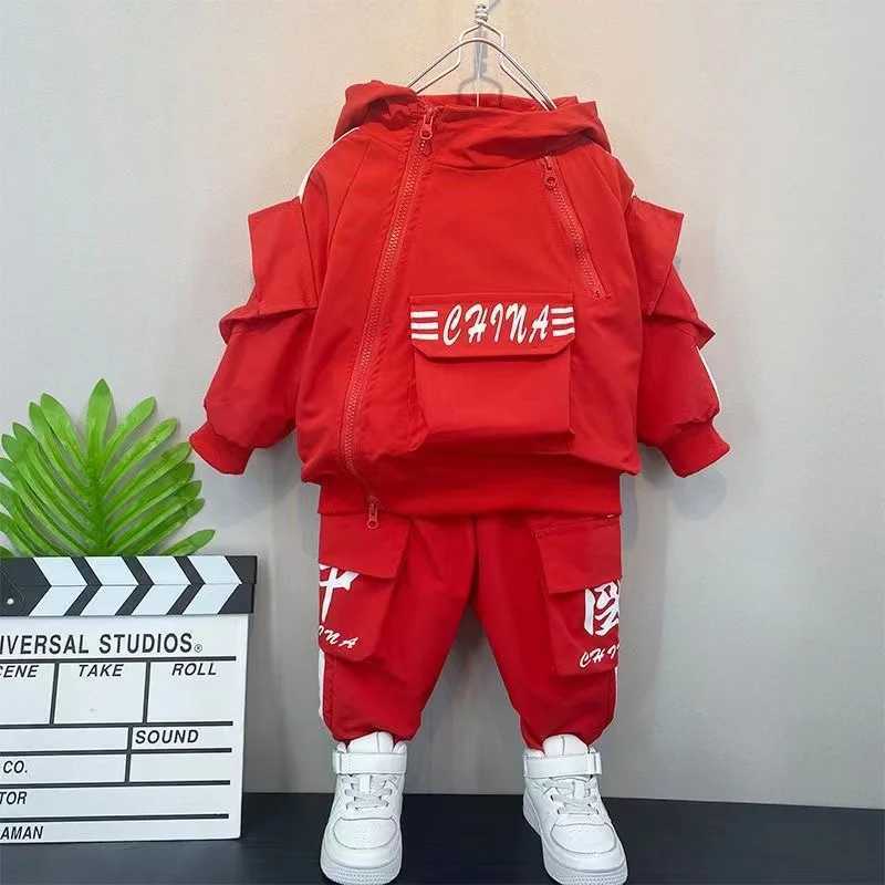 Clothing Sets 2024 New Baby Boys Clothing Set Spring and Autumn New Handsome Childrens Hooded Jacket Pants Two Piece Clothing Sports Set