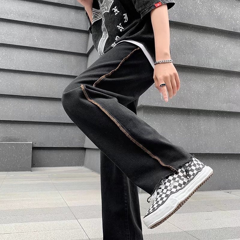 Edge stitched denim jeans for men, high street, CEC trendy brand, street hip-hop, loose fit, BF casual, wide leg, dad pants