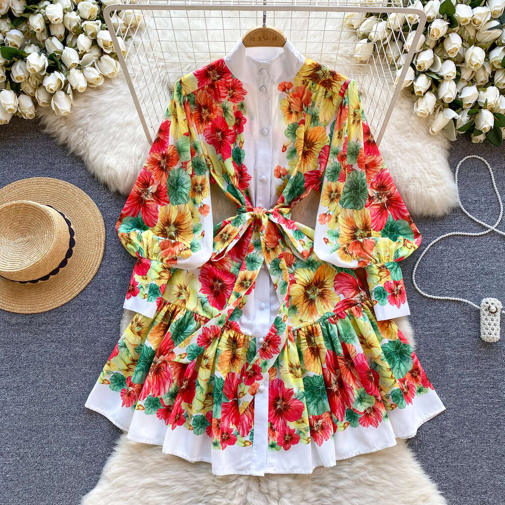 Fanhua Series Palace Style Spring Dress, Womens Design, Printed Slim Fit Short Style, High-end Small Dress Gift Loose Short Bifurcated Round Neck Dres