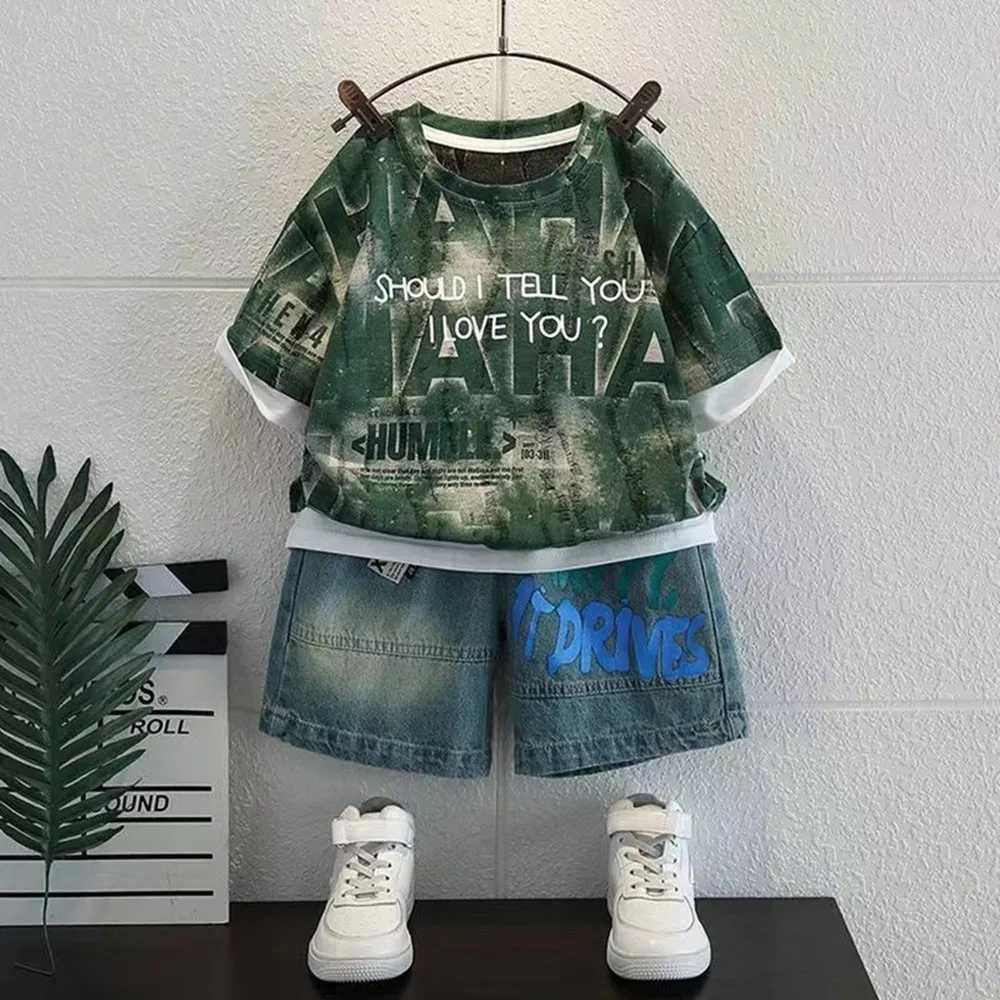 Clothing Sets Boys Set Summer 2024 New Western Style Childrens Middle and Big Boys Summer Fashion Korean Style Short Sleeve Two Piece Set