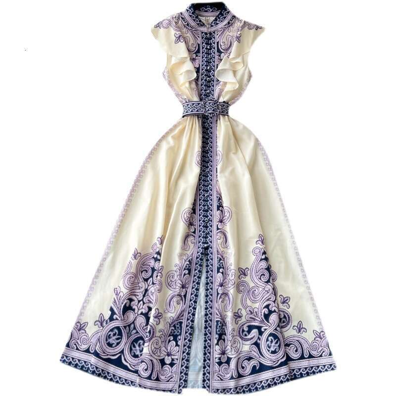 Palace Style Single Breasted Stand Up Collar Printed Dress for Women with Elegant Waistband and Large Swing Skirt Loose Short Pregnant Womens Dress