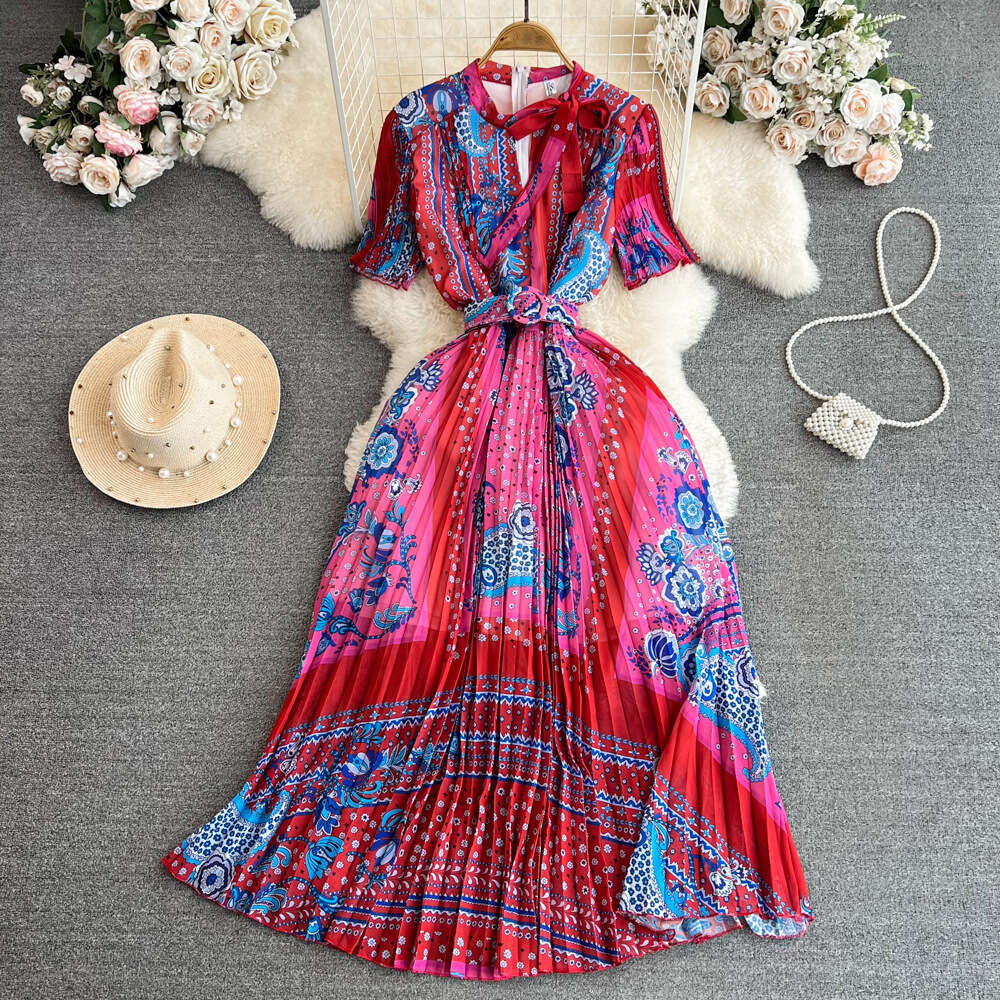 Light and Mature Style, Short Sleeved Stand Up Collar, Waist Cinched, Slimming A-line Printed Pleated Dress, Elegant Large Hem Long Skirt BOHO DRESS