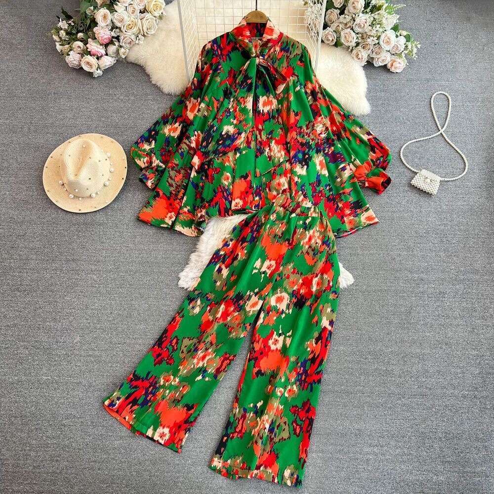 Fashion Womens Korean Version Lantern Long Sleeved Bow Tie Loose Printed Shirt Two-piece Set with High Waisted Wide Leg Pants Round Neck Dress High Wa