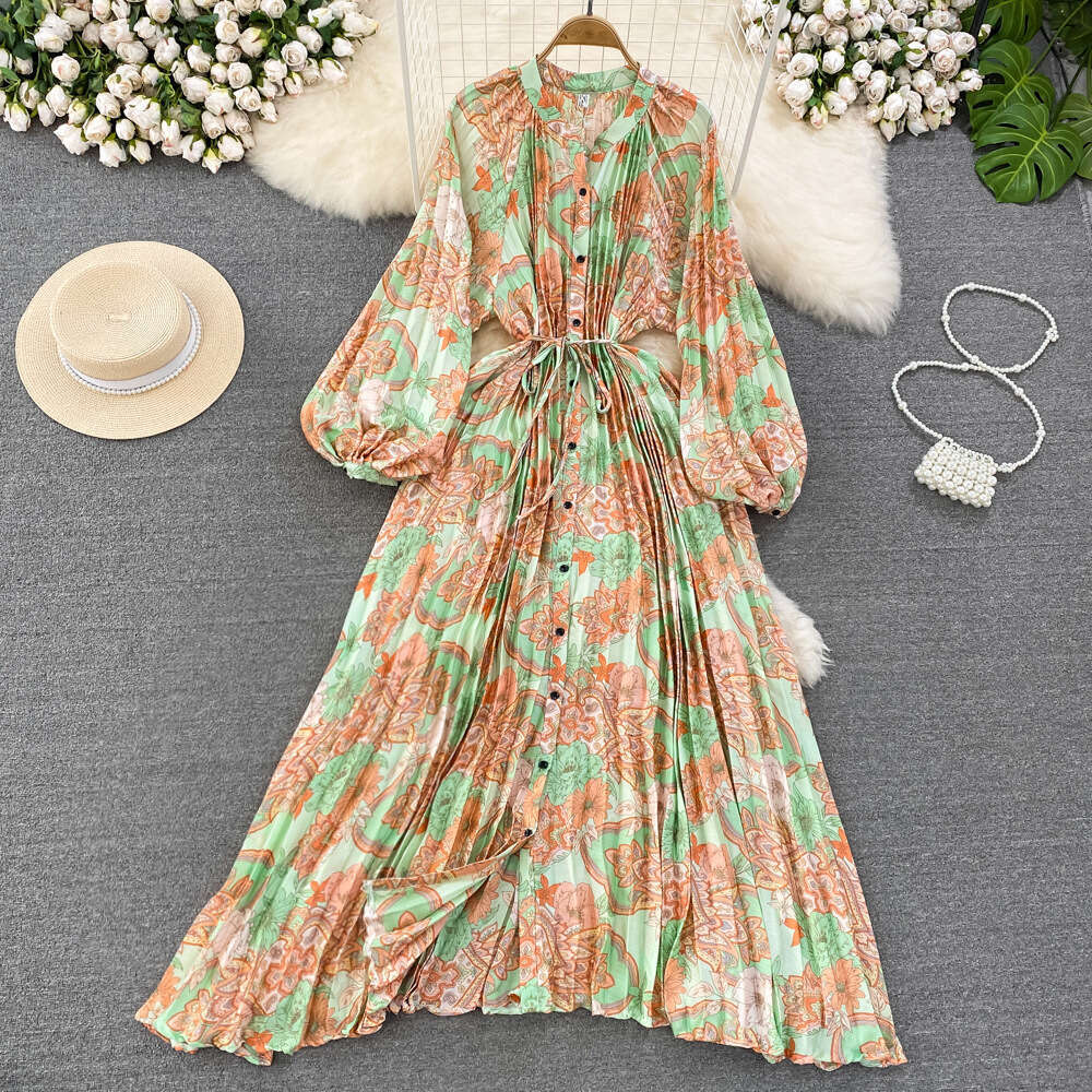 High End Light Luxury Temperament Lantern Sleeved Round Neck with Waistband for Slimming Effect, Single Breasted Printed Dress, Elegant Long Skirt
