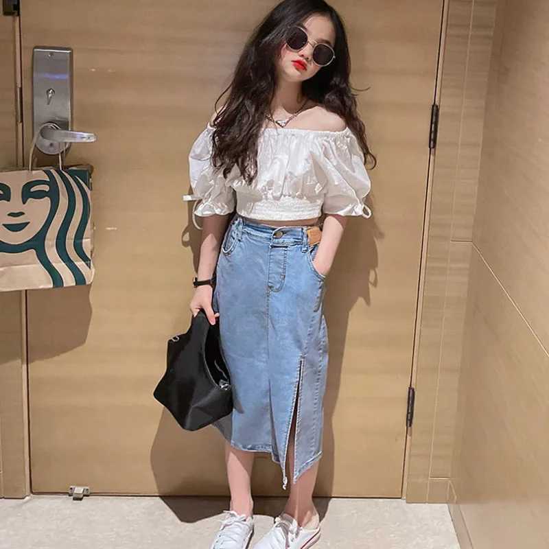 Clothing Sets Clothing Sets 2024 New Summer Girls Fashionable Set Big Childrens Clothing Off Shoulder Doll Shirt+ Split Denim Skirt 4-13 Y