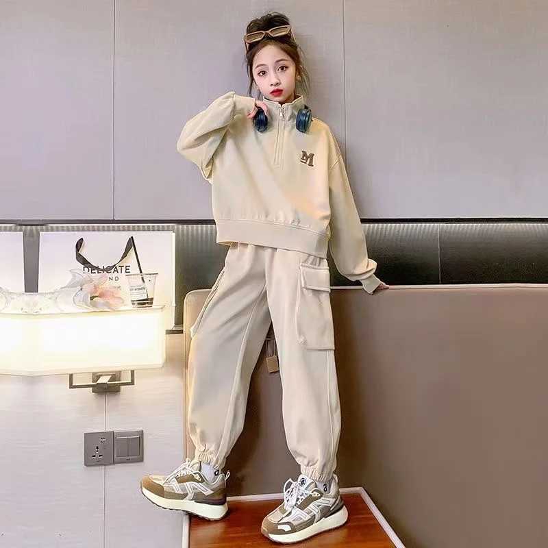 Clothing Sets Girls Spring Autumn 2pcs Stand Collor Zipper Pullover Sweatshirts+Cargo Pants Suits 4-14 Years Teenage Kids Fashion Clothes Sets