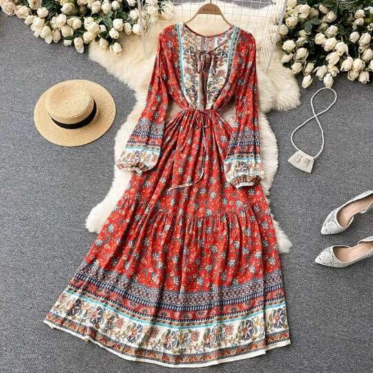 Vacation Floral New Western-style Bubble Sleeved Bohemian Lace Up Waist Long Dress Self-cultivation Loose Sexy Novelty High Waist Dress