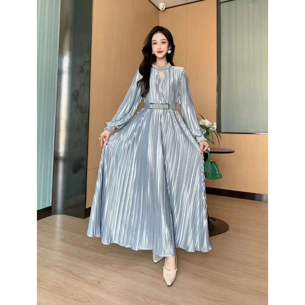 High End Luxury Socialite Round Necked Lantern Long Sleeved Waist Cinched Pleated Studded Bead Heavy Work High Show Slim Temperament Dress for Women L