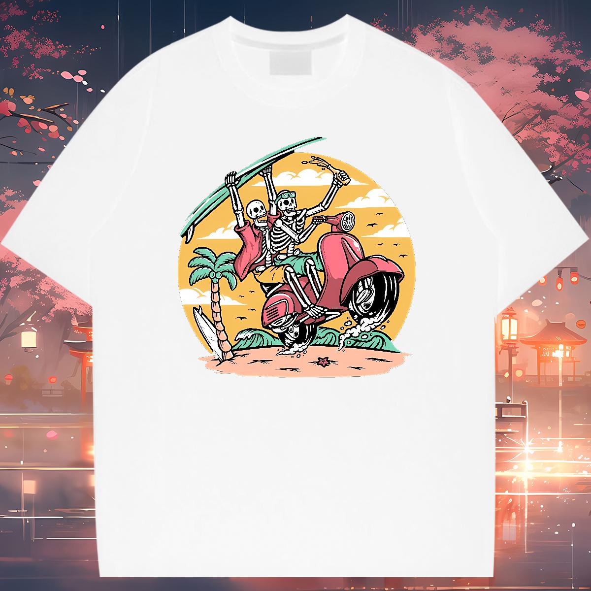 Fashion Designer Mens T Shirts Skeleton 230g Cotton Black White Beach Men Tees Breathable Crew Neck Loose Fit