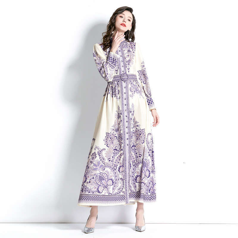 Hot Selling Spring/summer 2023 Womens Palace Vacation Style Stand Up Collar Lantern Sleeves Long Printed Dress Sexy Temperament Round Neck Dress SKINN