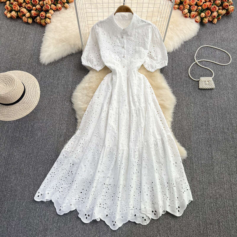 Spring Autumn Korean Edition Slim Bubble Sleeve Doll Neck with High Waist, and Elegant Style, Vacation Big Swing Long Dress Pregnant Womens Dress