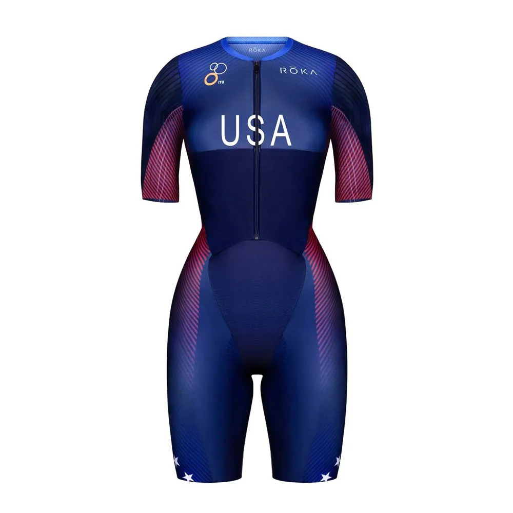 Roka Womens Short Sleeve Trisuit Triathlon Swimskin Summer Road Bike Mtb Pro Team Cycling Jumpsuit Running Speed Race Equipment 240712