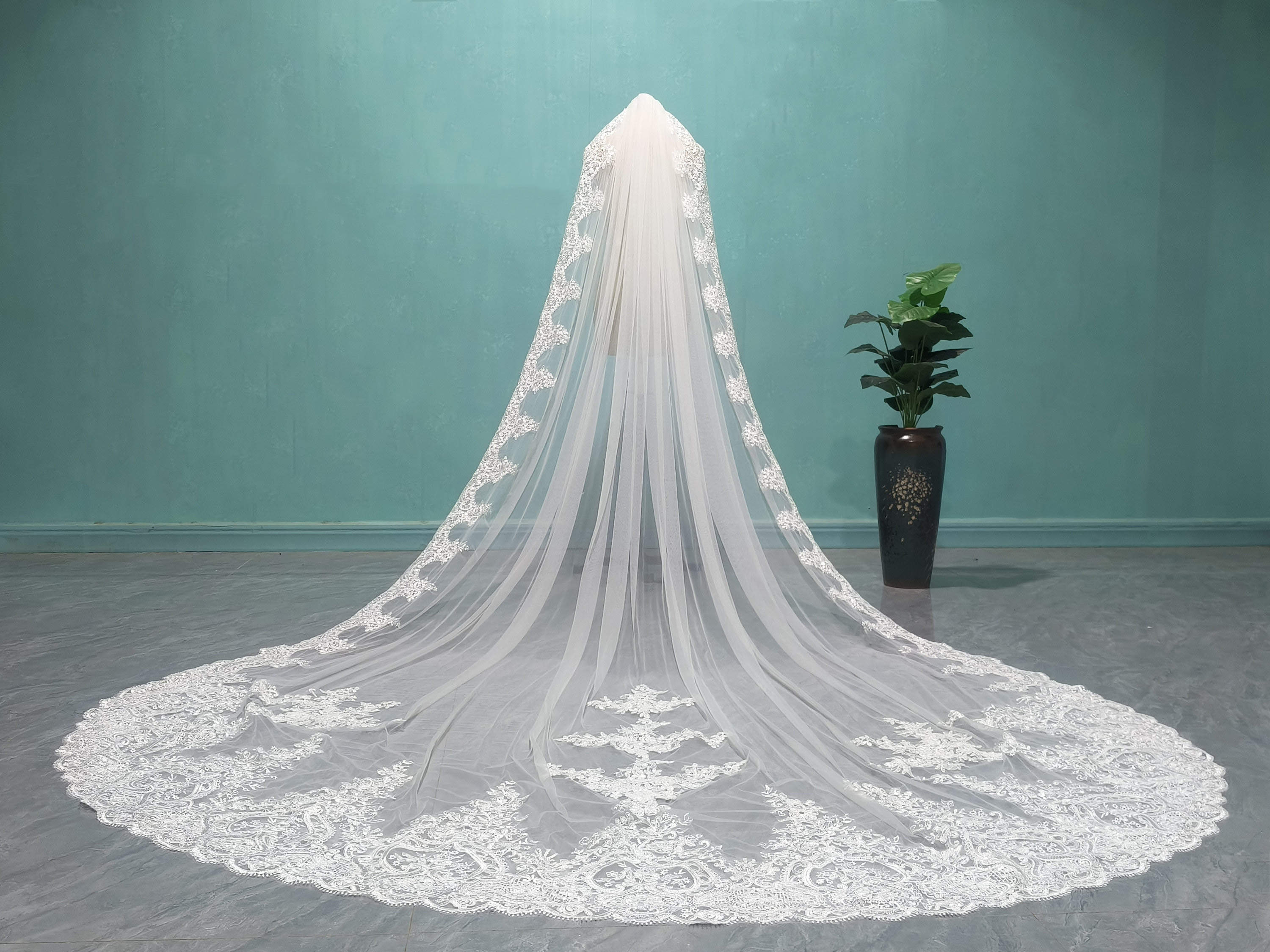 Gorgeous Wedding Veil Appliques Lace Embroidery Long Royal Bridal Veil Cathedral Special Cut with Comb Veil 3M White Ivory Wedding Accessories