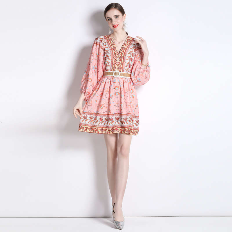 Dress 2023 Spring/summer New Minimalist Print Elegant Temperament Short V-neck Dress Floral Dress Long Summer Dress Temperament Waist Novelty Silk Dre