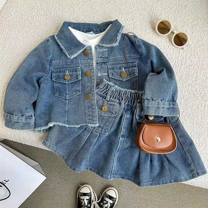 Clothing Sets New Childrens Denim Jacket Set Spring Denim Kids Jackets+Skirt Long Sleeve Girls Children Casual Costumes Autumn Girl Clothes