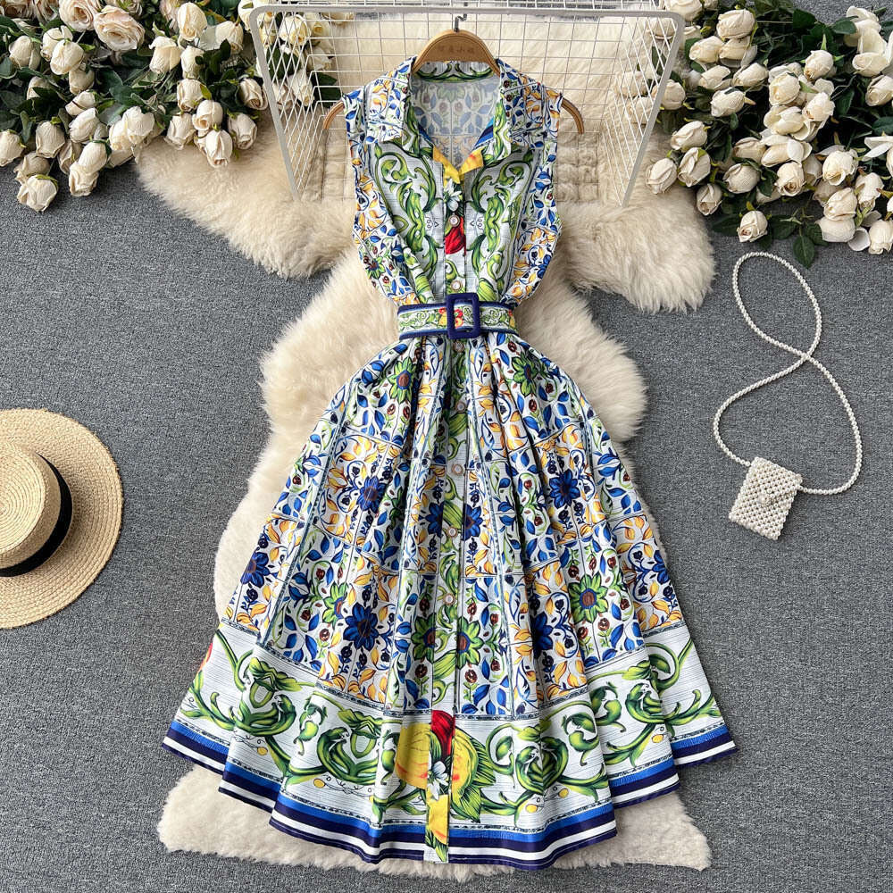 New Palace Style Sleeveless Lapel for Spring Summer, Slim Waist and Stylish Printed Mid Length Dress, Trendy Short Self-cultivation Temperament Silk D