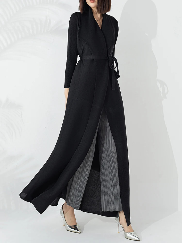 LANMREM Pleated Trench Coat Women Lapel Open Stitch Full Sleeve Loose Buttons Loose Style Belt Windbreaker 17G6526 240716