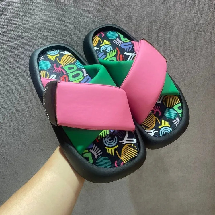 Shoes Woman Slippers Flat Loafers Cross-Tied Pantofle Platform Med Soft Summer Slides Rome PU Cross-Tied Female Shoes S 240708