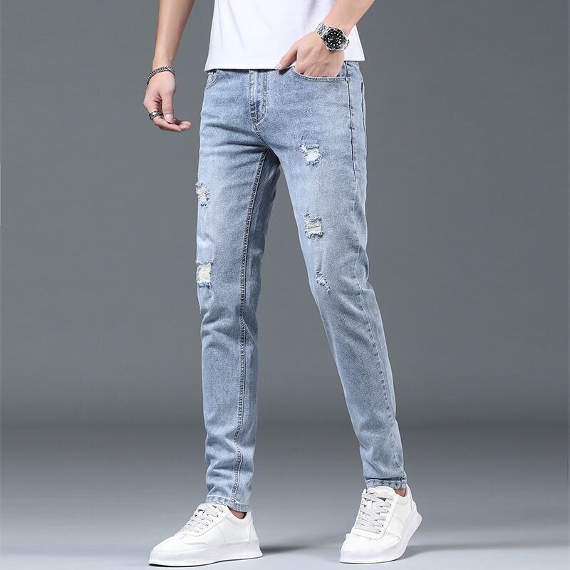 Designer Business Men's Denim Pants Summer Thin, Light Color Piercing Men's Jeans Slim Fit Korean Fashion Stretch Pants