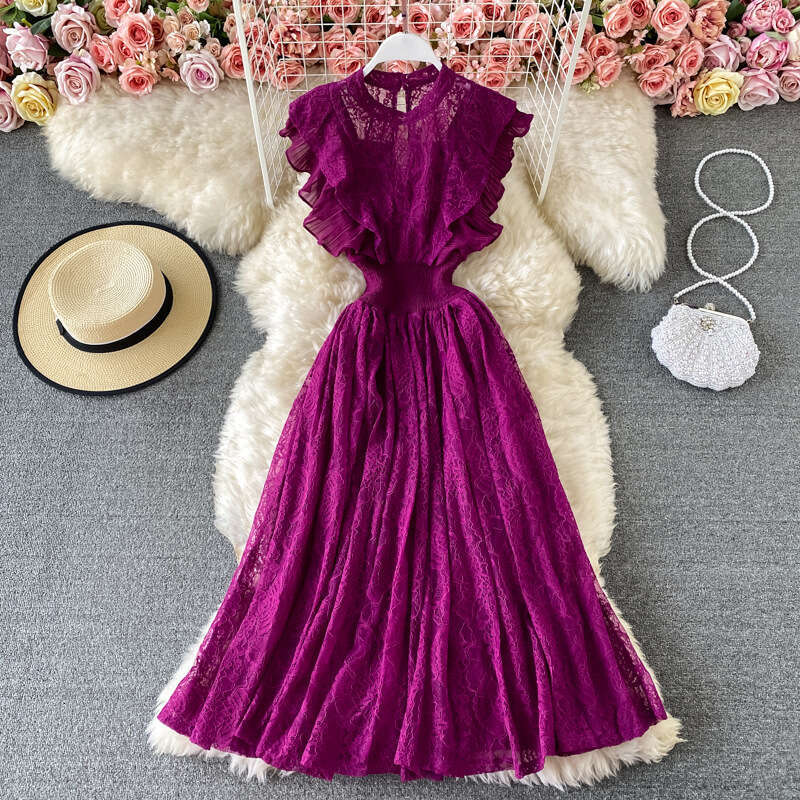 Spring Autumn Lace Round Neck Sleeves Fashionable Slimming and Elegant Ruffle Edge Long Skirt Dress Short Loose Temperament Bifurcated Silk Dress Deni