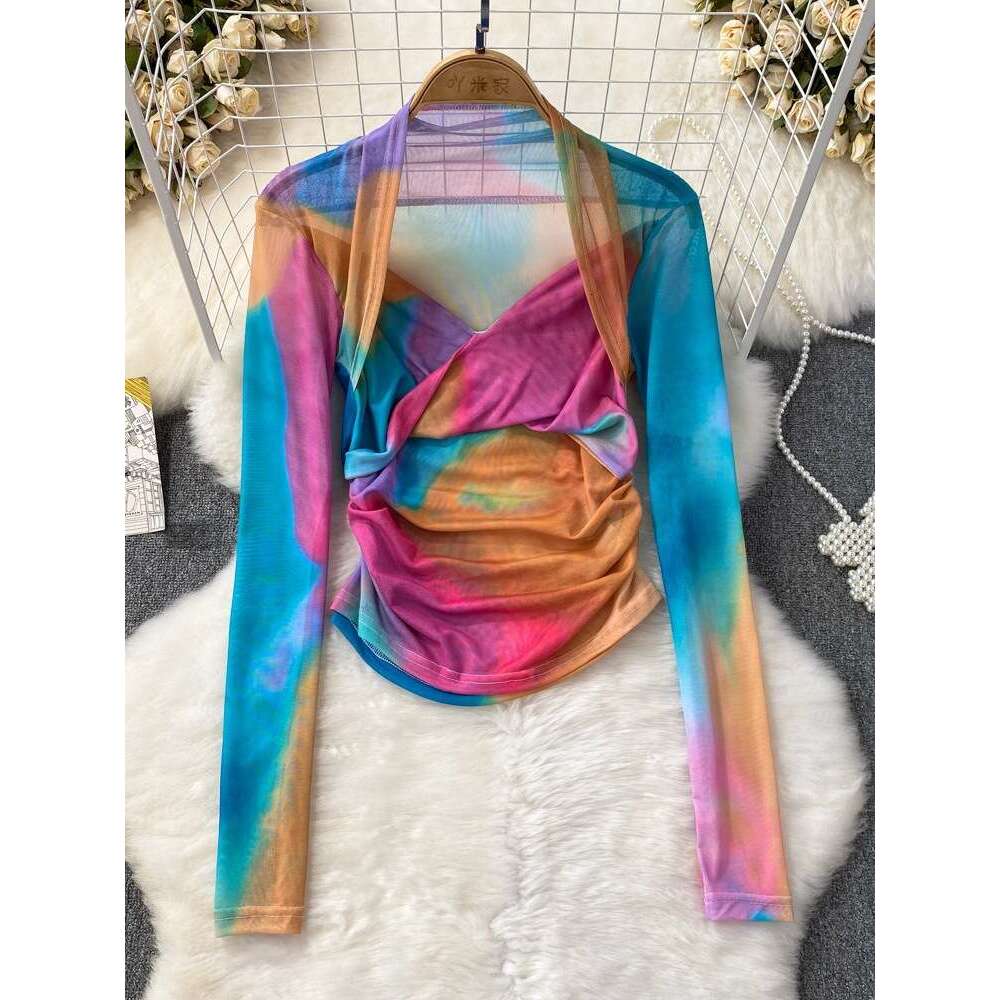 Summer Fashion Spicy Girl Camo Tie Dyed Long Sleeved V-neck Mesh T-shirt Womens Western Style Slim Fit Wrinkle Short Top Novelty Sexy Lace Dress BOHO 
