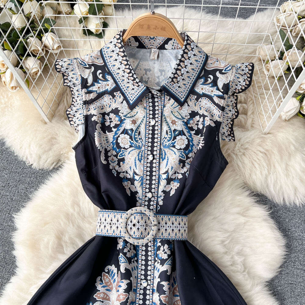 Summer Lapel Sleeveless Printed Dress for Women in French Court Style with A Waistband and Large Hem, A-line Long Skirt Autumn Dress Women Short Sexy 