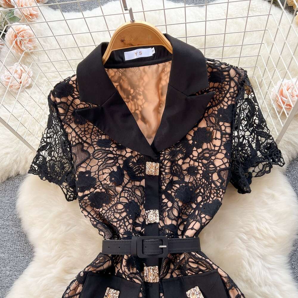 High End Lace Dress, 2024 Spring/summer New Design, V-neck, Slimming Temperament, Socialite Little Black Dress Loose Pregnant Womens Dress Round Neck 