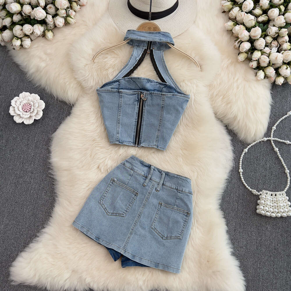 Fried Street Spicy Girl Cowboy Womens Summer New Hanging Neck Short Top Half Skirt Two Piece Set Novelty Temperament Loose Bifurcated BOHO DRESS