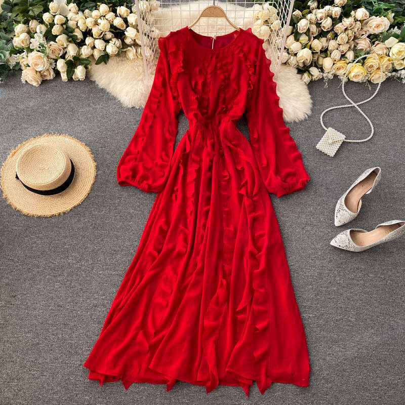 Fairy Gentle Style 2020 New Autumn/winter Design Sweet Auricular Edge Bubble Sleeves Holiday Long Dress Temperament Sexy Round Neck Dress Silk Dress