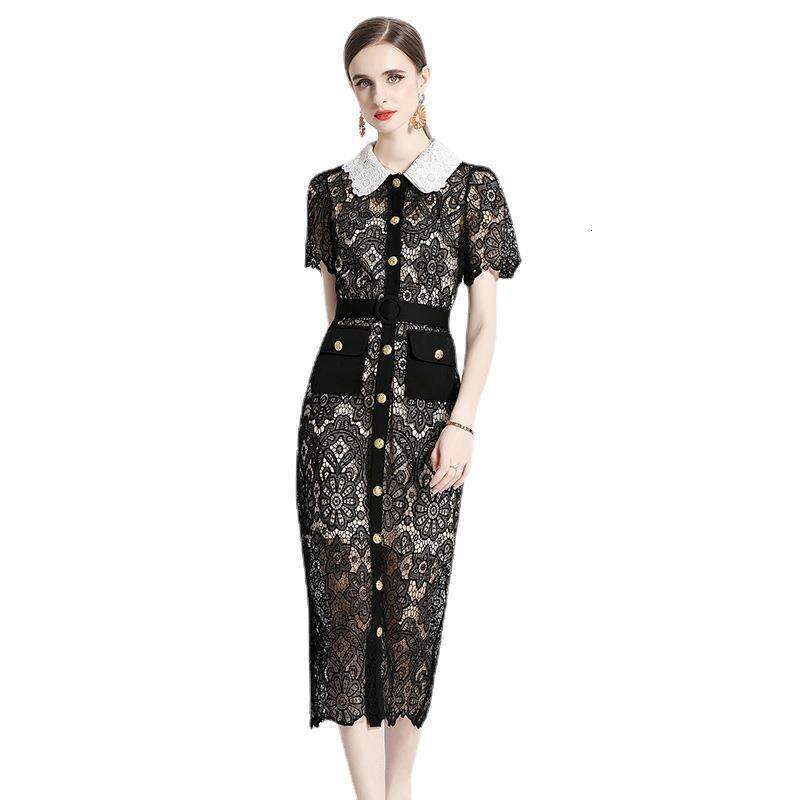 French Tea Break, Hepburn Style, Sexy and Scheming Doll Neck, Short Sleeved Lace Dress, Slim Fit, Medium Length, Buttocks Wrapped Skirt Lace Dress SKI