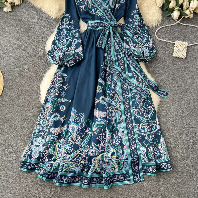 2024 New French One Piece Lace Up Waist Printing Womens Light Luxury Elegant Long Dress Bifurcated Short Novelty Waist Temperament Silk Dress Denim Dr