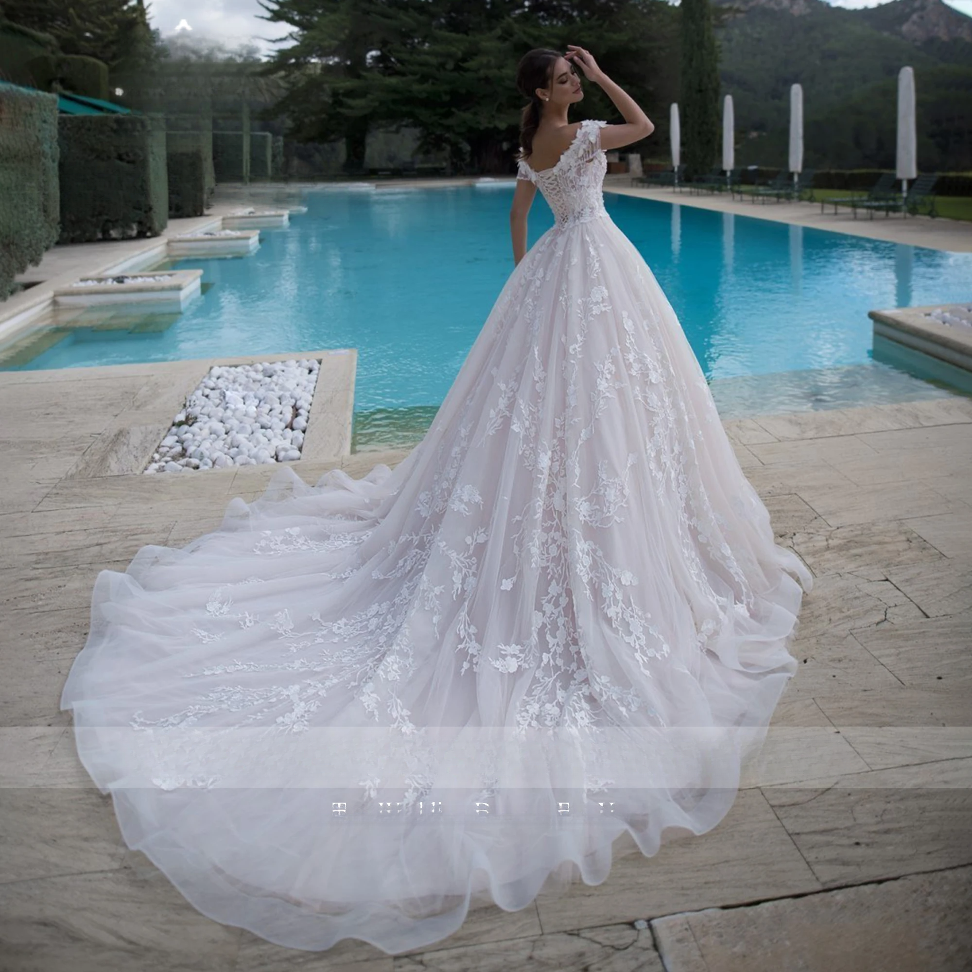 Michelle Royce Ball Dress 2024 Off the Shoulder Appliques Beading Lace V-neck Wedding Gown Vestidos De Novia