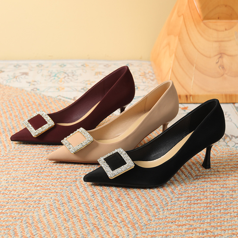 Water Dia Square Buckle High For Women Pointed Toes Thin Heels Sheepskin Single Shoes Fashionable Easy To Understand Spring And Autumn