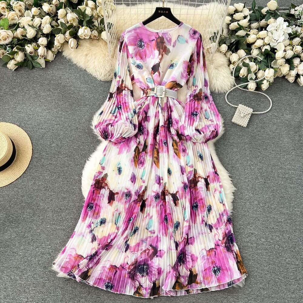 French Kikyu Skirt Spring 2024 New Heavy Industry Pressed Bubble Sleeves Slim Fit Mid Length Hundred Pleated Chiffon Dress Bifurcated Waist Denim Dres
