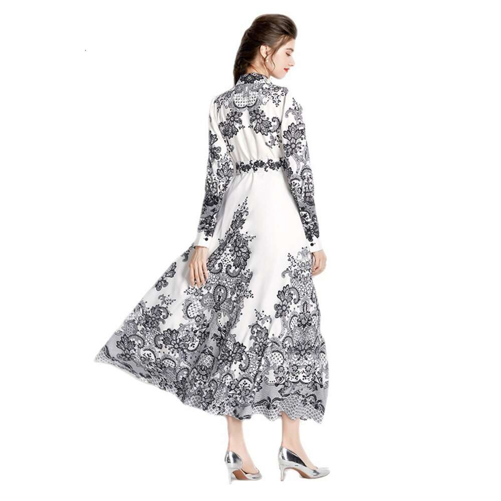 Spring and Autumn Long Sleeved Palace Single Door Lapel Lantern Sleeve Printed Skirt Dress Style Sexy Temperament Bifurcated Waist Round Neck Dress La