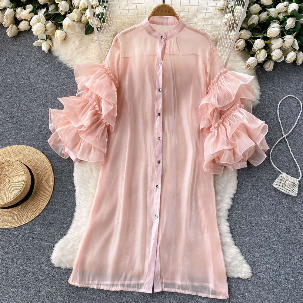 Spring Style Western-style Design with French Ruffle Edge and Three-dimensional Flower Sleeves, Loose Single Breasted Dress High Waist Dress Oversize 