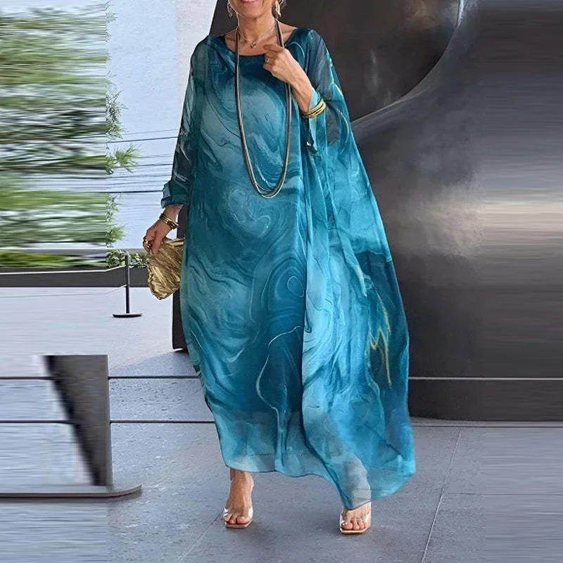Elegant Marble Texture Print Commuting Dress Women Spring Round Neck Long Chiffon Dresses Summer Batwing Sleeve Loose Boho 240712