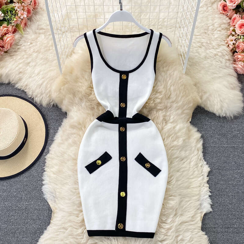 Mingyuan French Tank Top Skirt 2023 New Summer Collection Waist Slimming U-neck Knitted Wrapped Hip Dress Sleeveless Bifurcated Novelty Short Round Ne