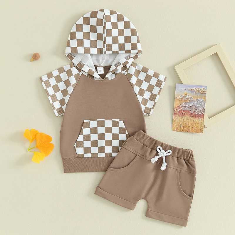 Clothing Sets 0-3Y Boys Clothing Sets Summer Short Sleeve Checkerboard Print Hooded Tops and Shorts Kids Clothes Casual Clothing Sets